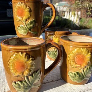 Vtg HTF MCM b+B Raised Sunflower Brown Ceramic Coffee 4 Mug Cup Country Kitchen